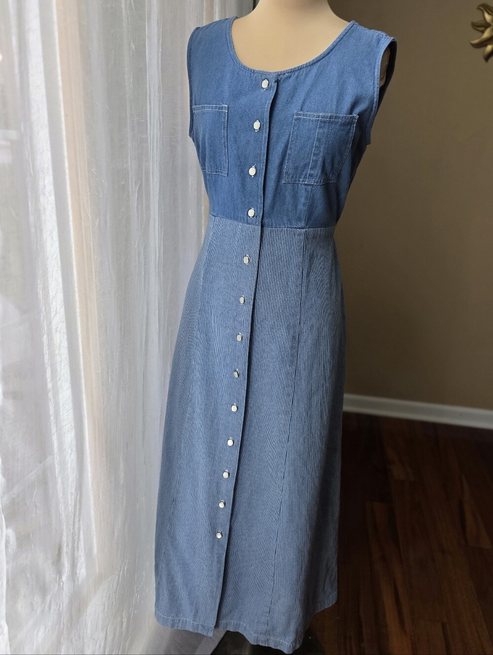 Vintage 90s Denim Maxi Dress Pearl Snap Tie Back Railroad Stripe Cotton Size 10